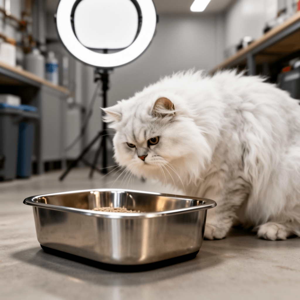 Stainless Steel Cat Litter Box with Low Entry with cat - professional product lifestyle photo