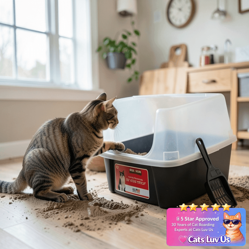 IRIS USA Large Open Top Cat Litter Box with High Sided Walls with cat - professional product lifestyle photo