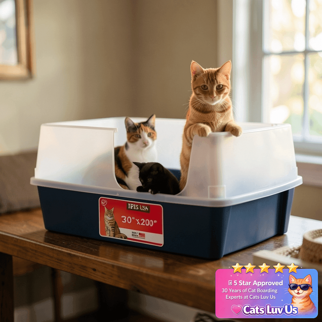 IRIS USA XX-Large Side Entry Cat Litter Box with cat - professional product lifestyle photo