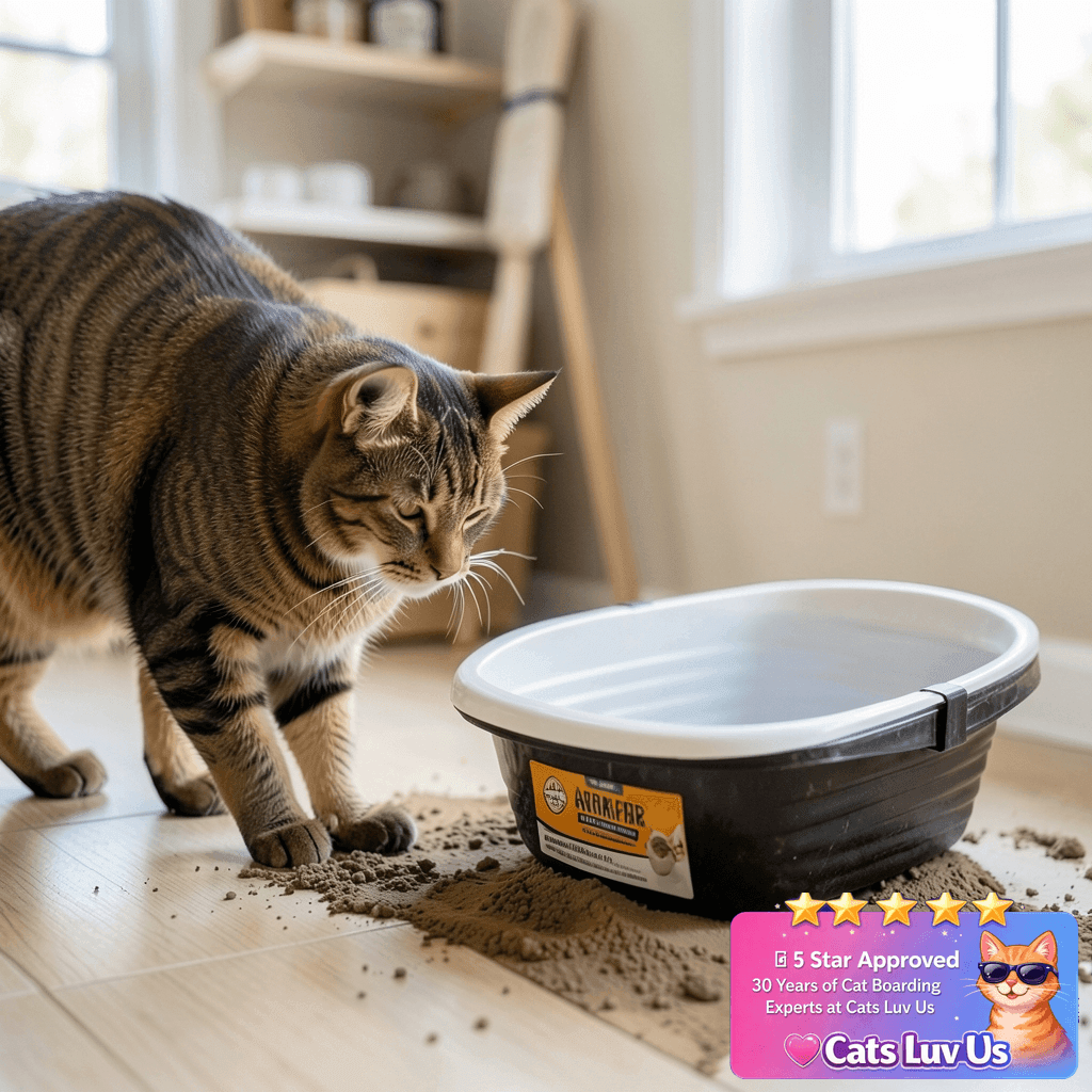 Arm & Hammer Large Sifting Litter Box ScoopFree Cat Litter with cat - professional product lifestyle photo