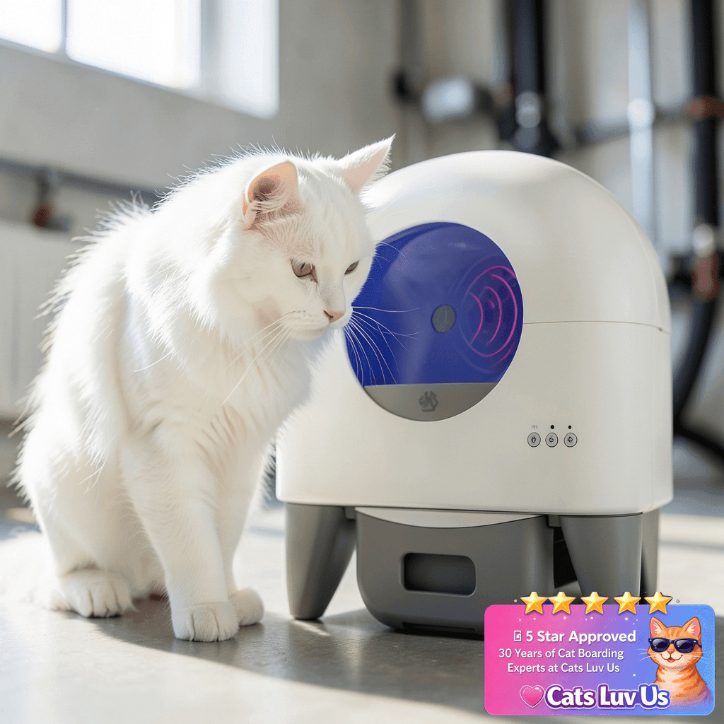 Fumoi Automatic Cat Litter Box Self Cleaning Litter Box with cat - professional product lifestyle photo