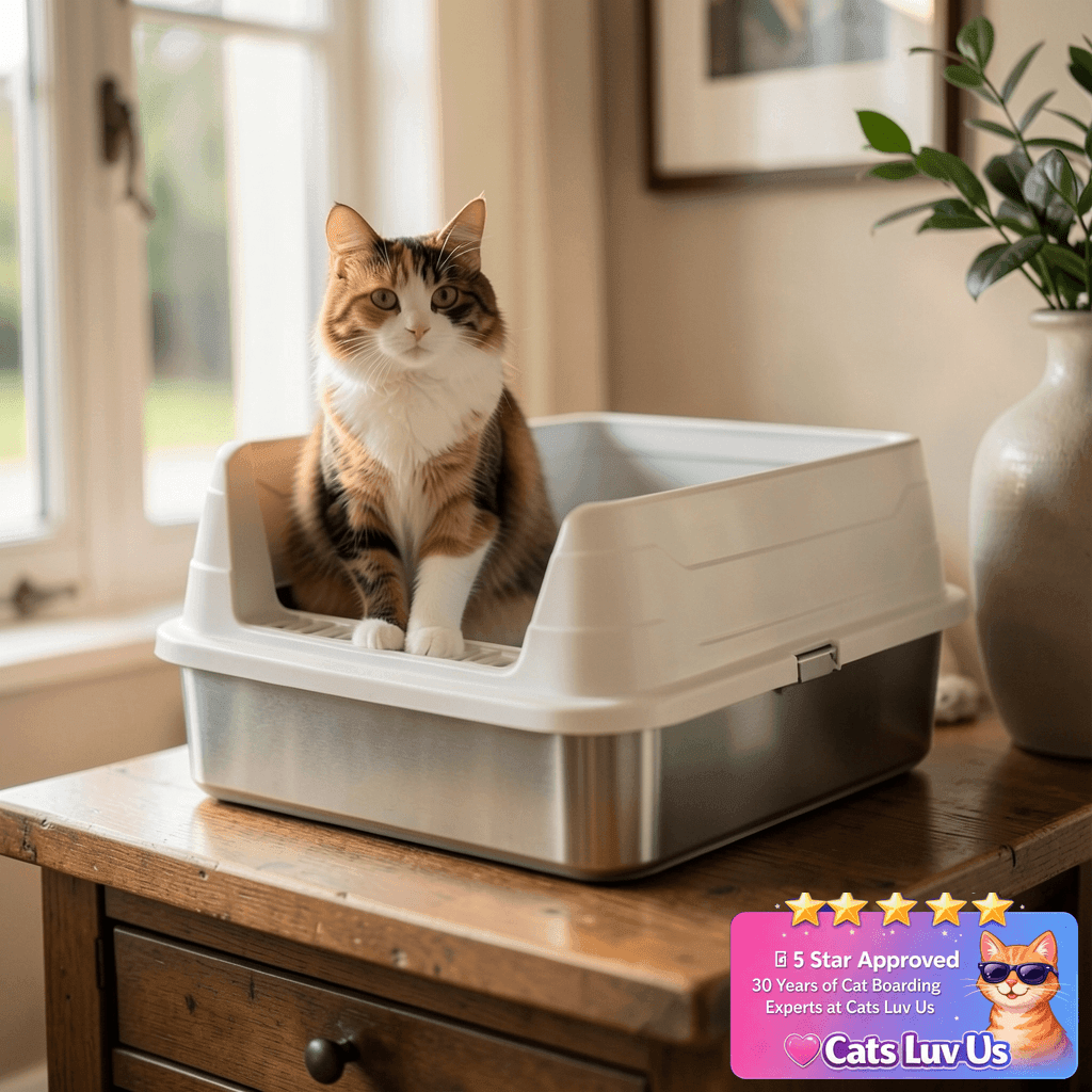 Stainless Steel Cat Litter Box with cat - professional product lifestyle photo