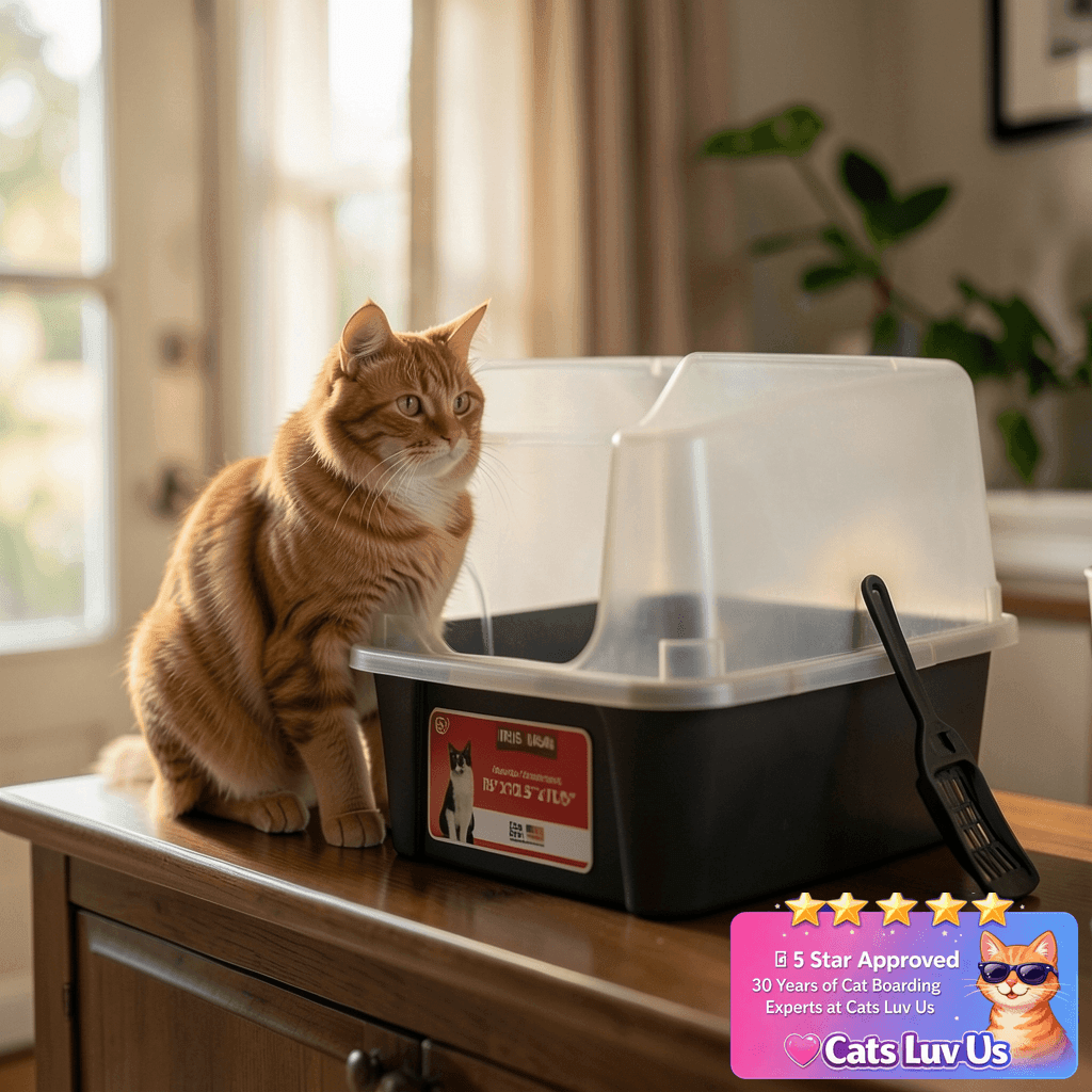 IRIS USA Large Open Top Cat Litter Box with High Sided Walls with cat - professional product lifestyle photo