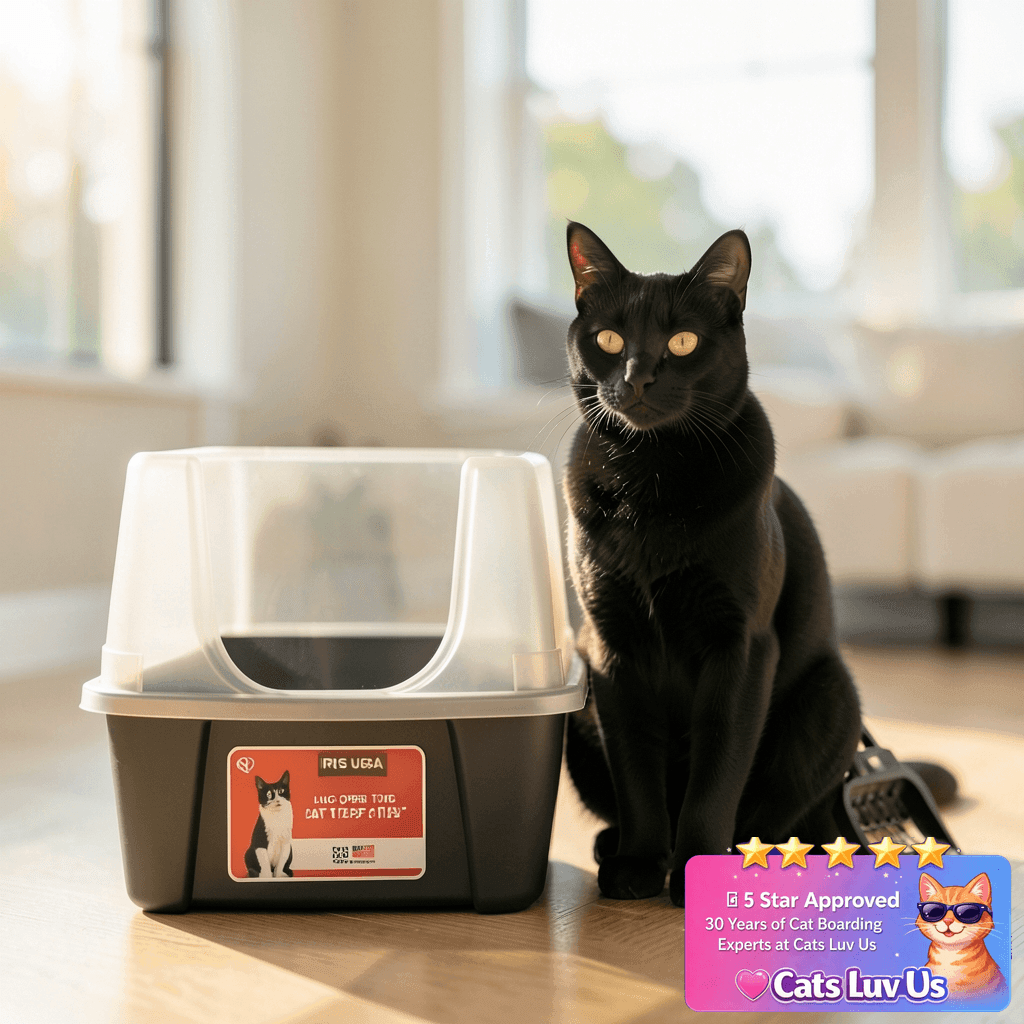 IRIS USA Large Open Top Cat Litter Box with High Sided Walls with cat - professional product lifestyle photo