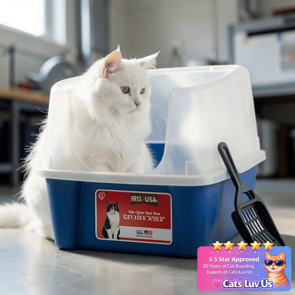 IRIS USA Large Open Top Cat Litter Box with High Sided Walls with cat - professional product lifestyle photo