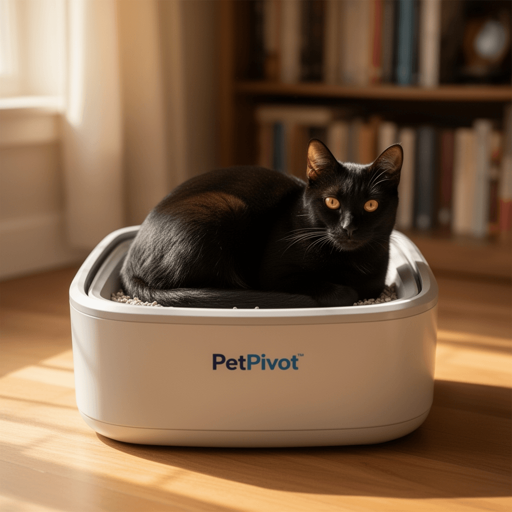PetPivot Open Top Self Cleaning Cat Litter Box with cat - professional product lifestyle photo