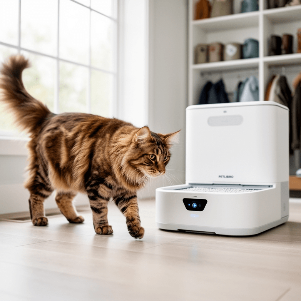 PETLIBRO Luma Automatic Cat Litter Box AI-Camera Waste with cat - professional product lifestyle photo