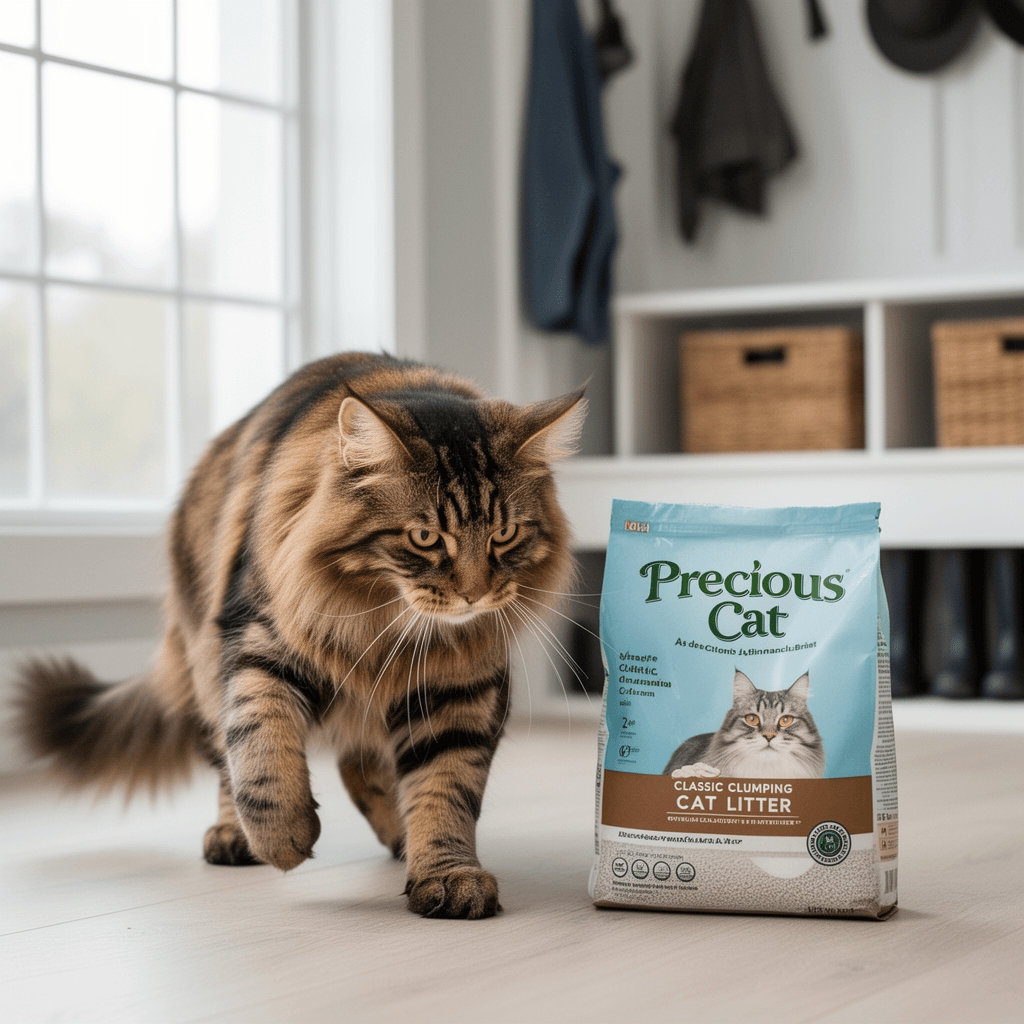 Precious Cat Classic Premium Clumping Cat Litter with cat - professional product lifestyle photo