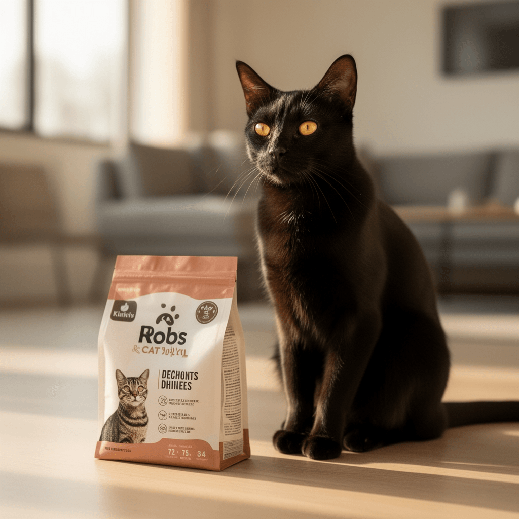 Nature's Miracle Premium Clumping Corn Cob Litter bag shown next to a cat in a clean litter box environment