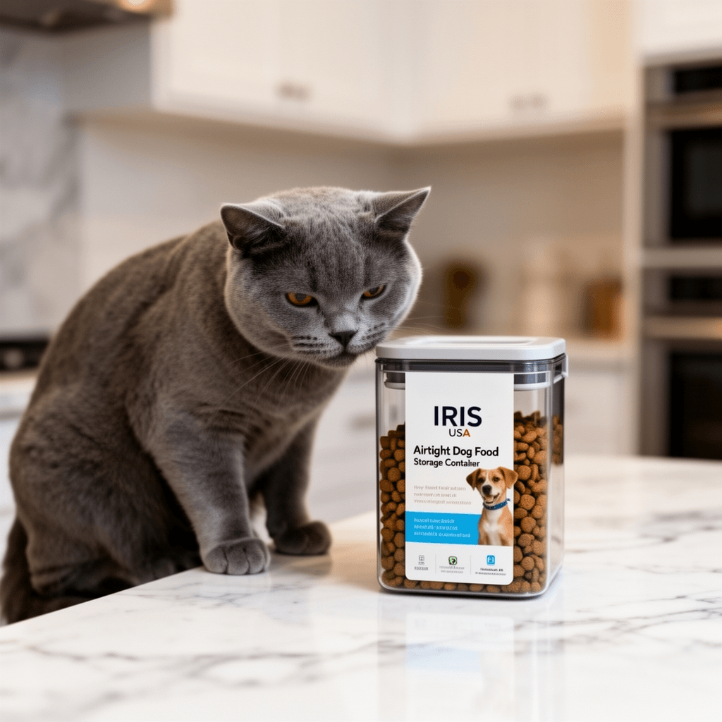 IRIS USA Airtight Dog Food Storage Container with cat - professional product lifestyle photo