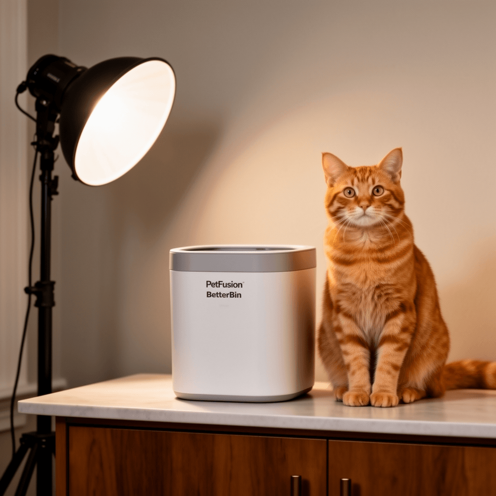 PetFusion BetterBin Portable Litter Storage Container with cat - professional product lifestyle photo