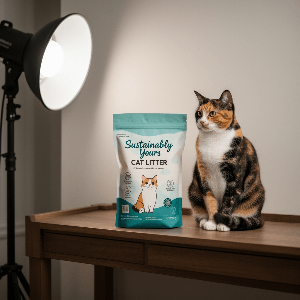 Sustainably Yours Cat Litter with cat - professional product lifestyle photo