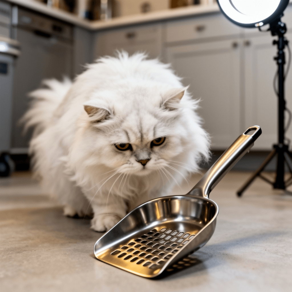 Metal Cat Litter Scoop with cat - professional product lifestyle photo