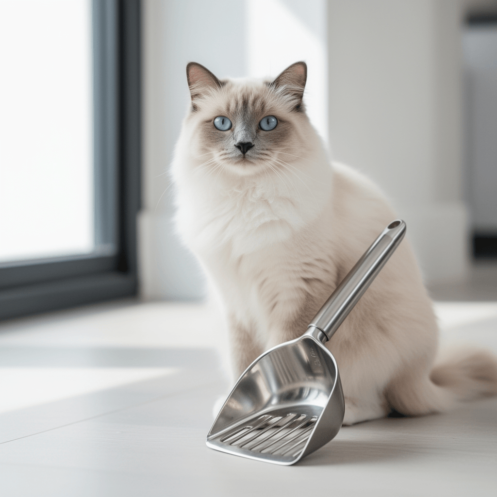 Stainless Steel Cat Litter Scoop with cat - professional product lifestyle photo