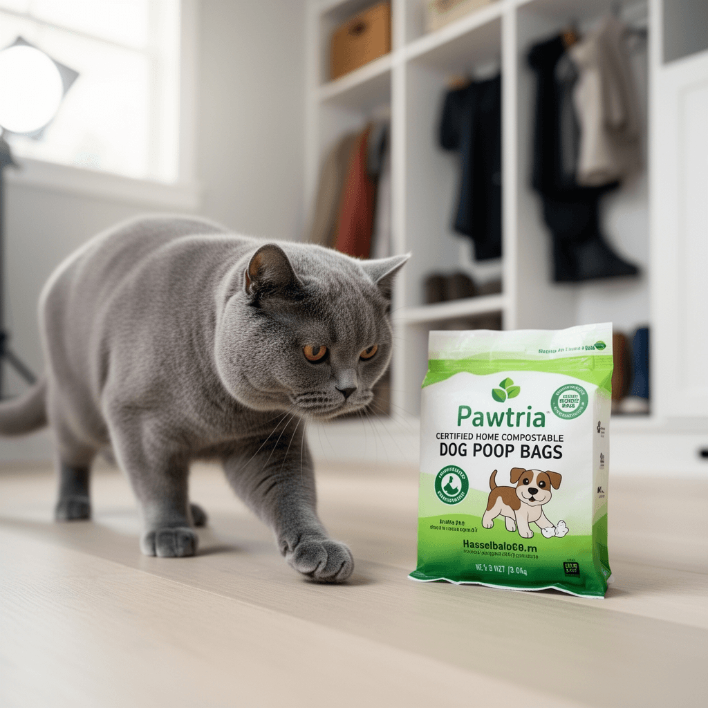 Pawtria Certified Home Compostable Dog Poop Bags with cat - professional product lifestyle photo