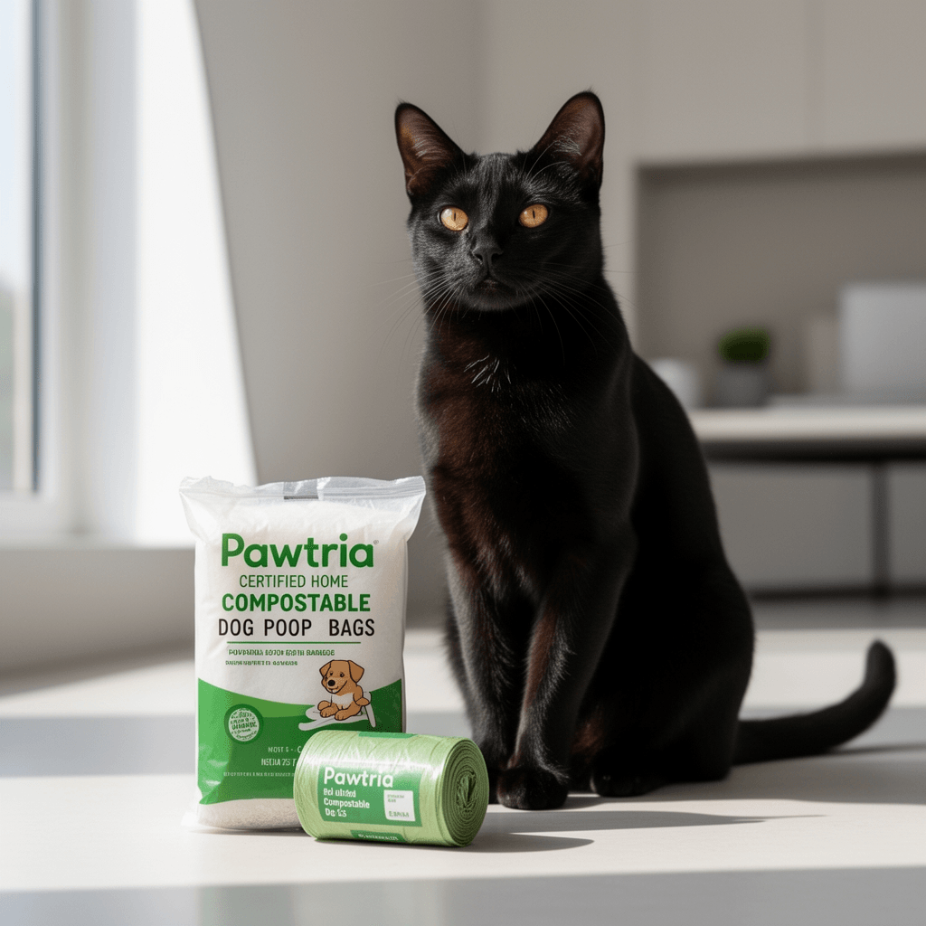 Pawtria Certified Home Compostable Dog Poop Bags with cat - professional product lifestyle photo