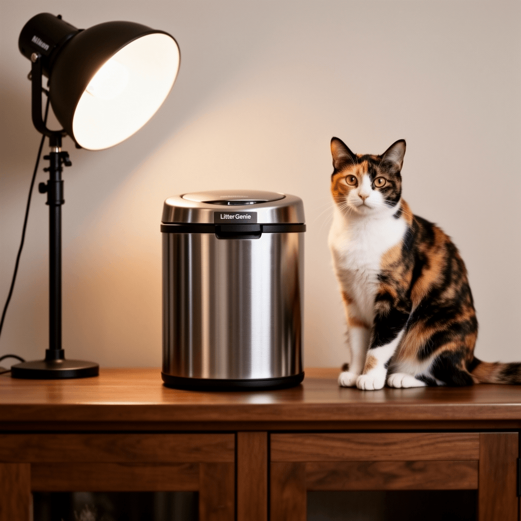 Litter Genie Platinum Pail Made of Durable Stainless Steel with cat - professional product lifestyle photo