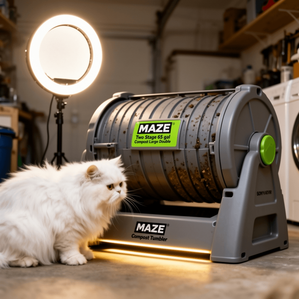 MAZE Two Stage 65 gal Compost Tumbler with Large Double with cat - professional product lifestyle photo
