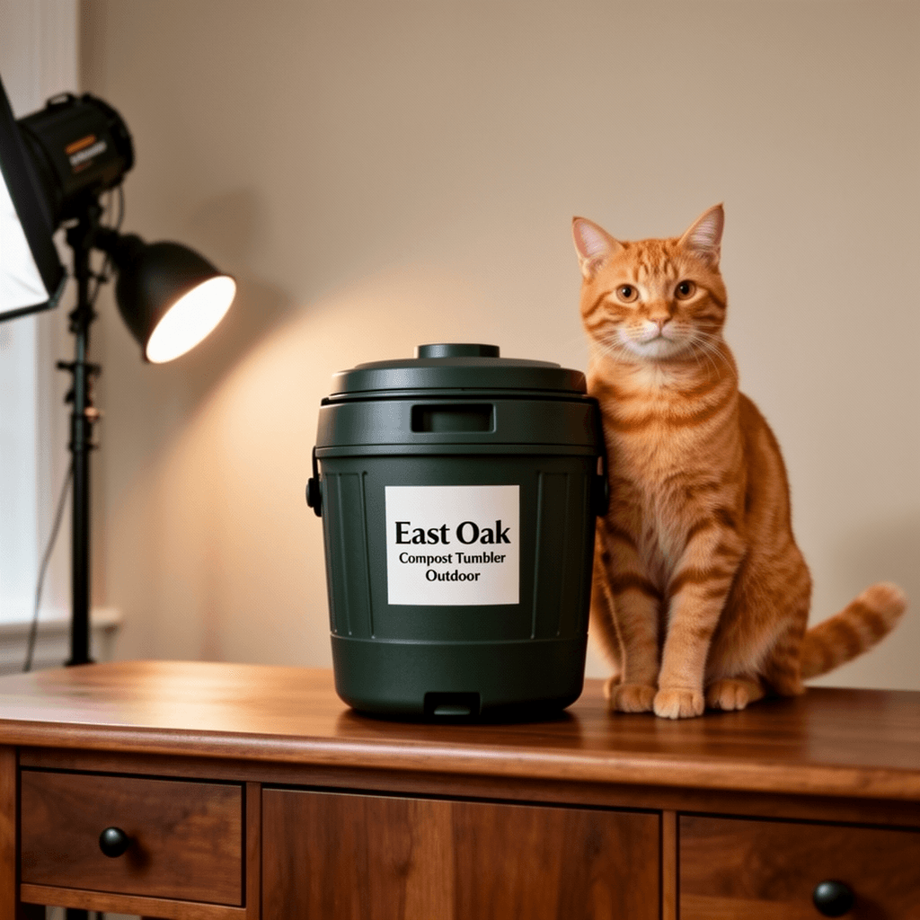 East Oak Compost Tumbler Outdoor with cat - professional product lifestyle photo