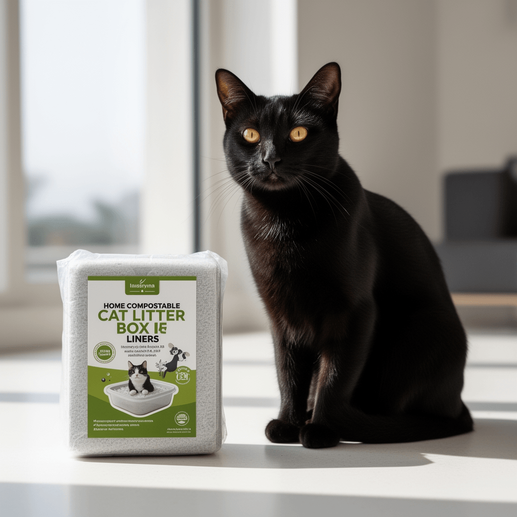 Home Compostable Cat Litter Box Liners with cat - professional product lifestyle photo