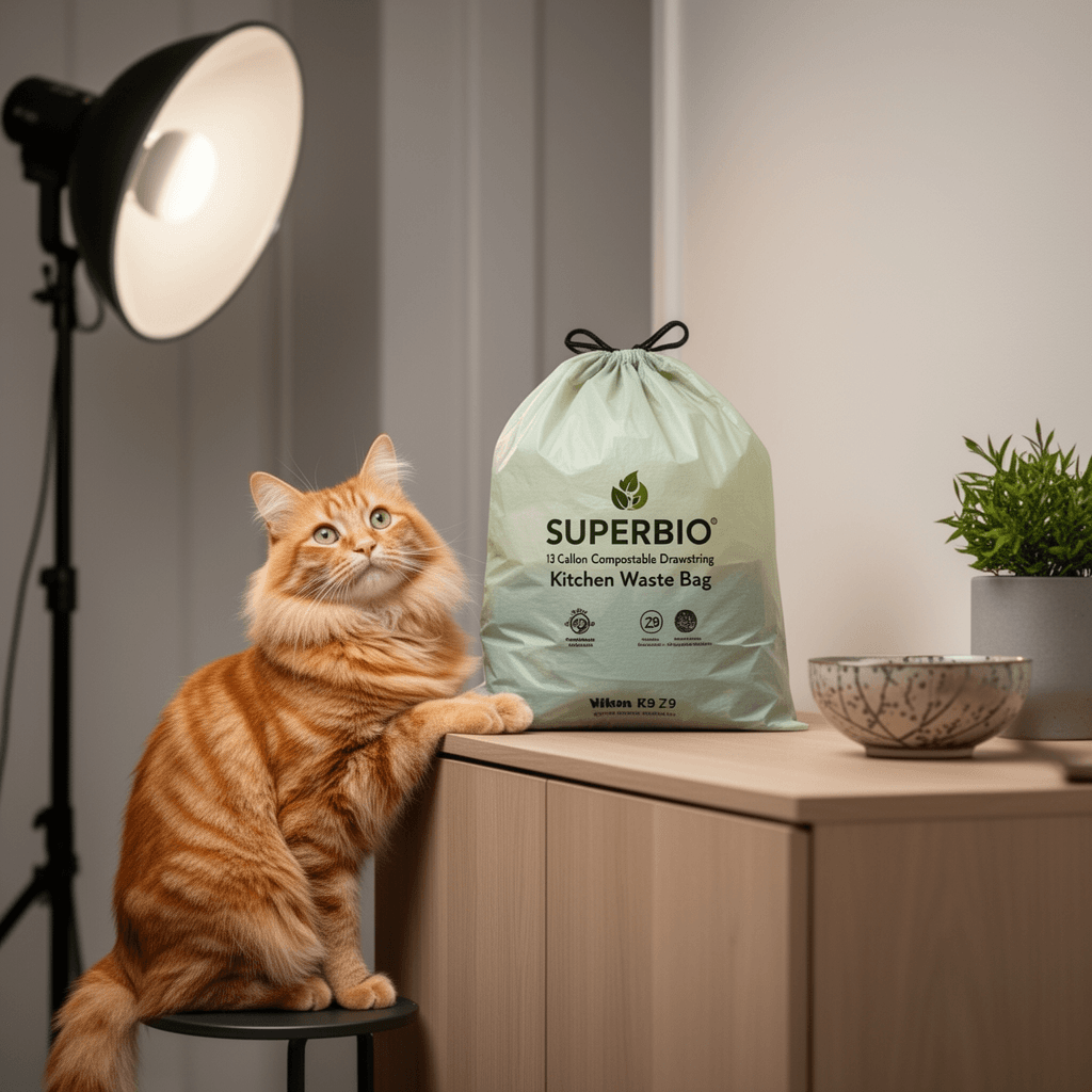 SUPERBIO 13 Gallon Compostable Drawstring Kitchen Waste Bag with cat - professional product lifestyle photo