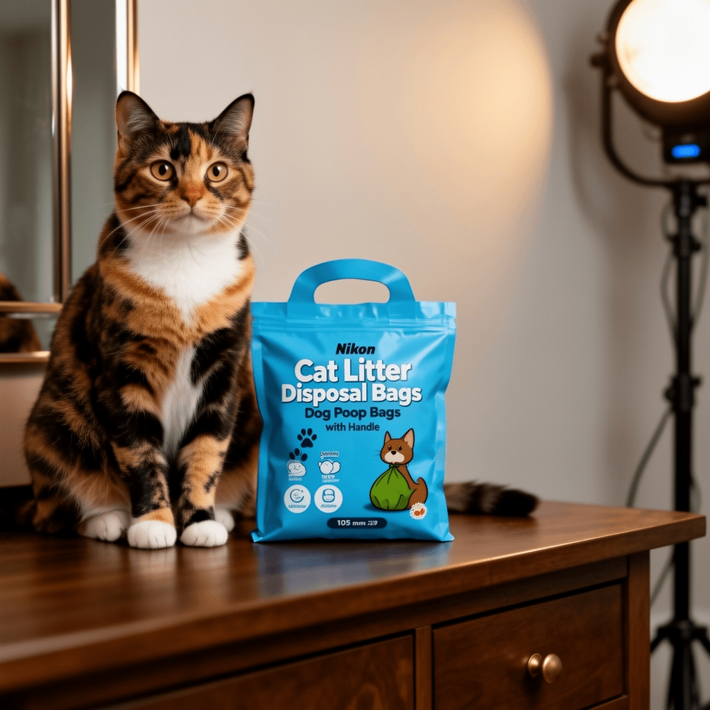 Cat Litter Disposal Bags and Dog Poop Bags with Handle with cat - professional product lifestyle photo