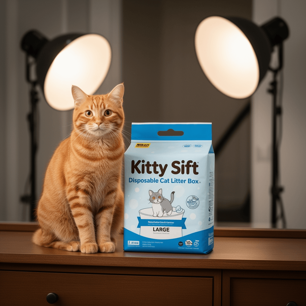 Kitty Sift Disposable Cat Litter Box Large with cat - professional product lifestyle photo