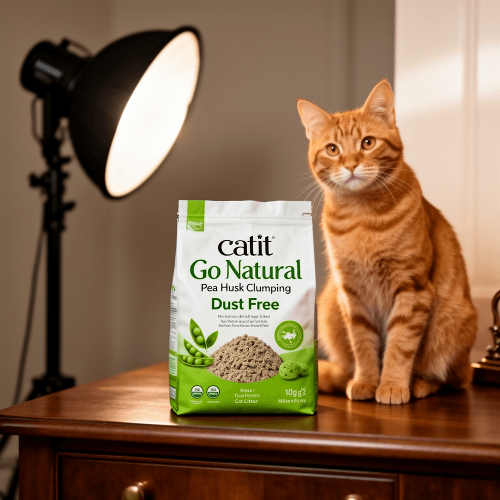 Catit - Go Natural Pea Husk Clumping Cat Litter - Dust Free with cat - professional product lifestyle photo