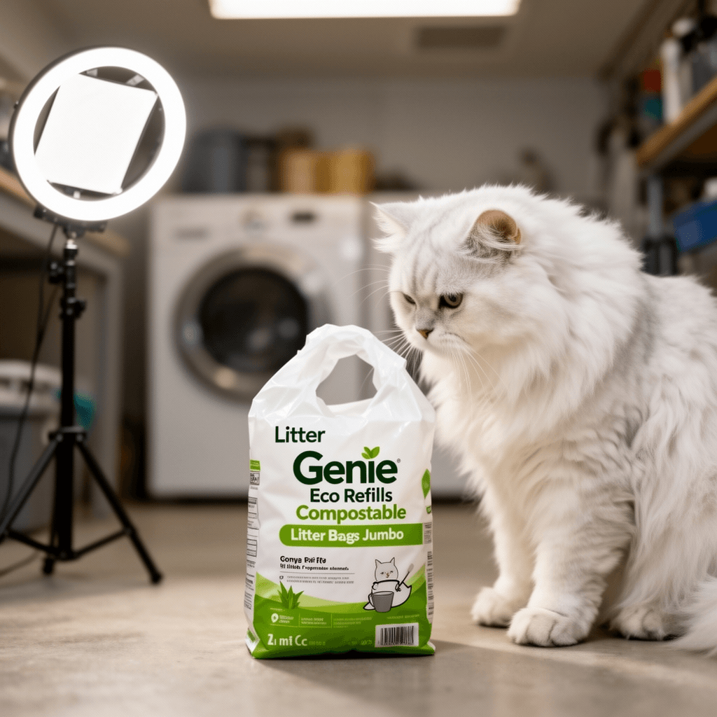 Litter Genie Eco Refills | Compostable Cat Litter Bags Jumbo with cat - professional product lifestyle photo