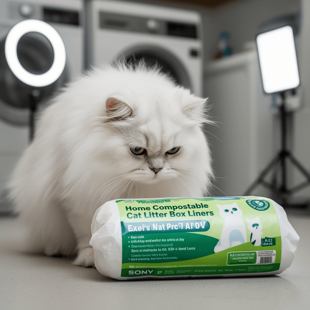 Home Compostable Cat Litter Box Liners with cat - professional product lifestyle photo
