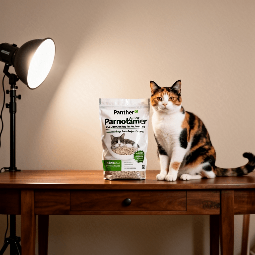 Panther Armor Compostable Cat Litter Bags for Poop - 100x with cat - professional product lifestyle photo