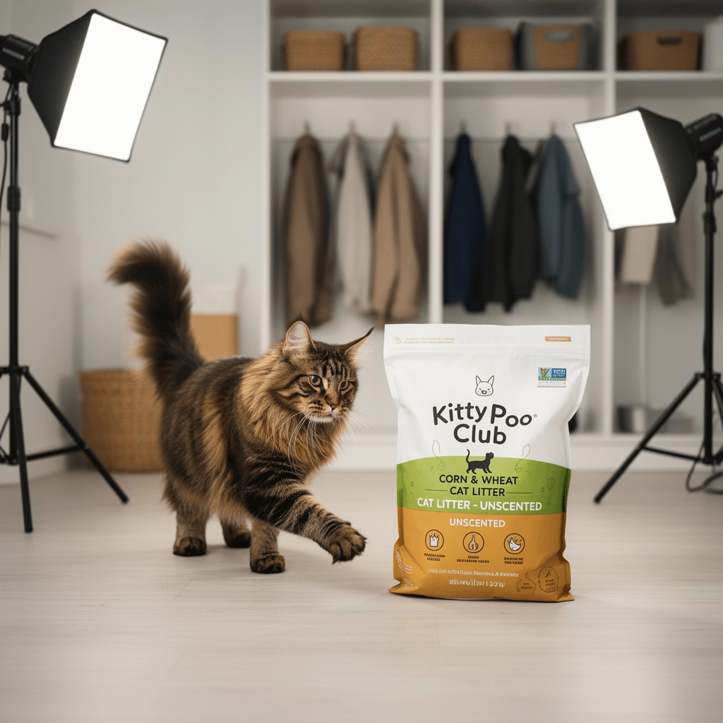 Kitty Poo Club Corn & Wheat Cat Litter – Unscented with cat - professional product lifestyle photo