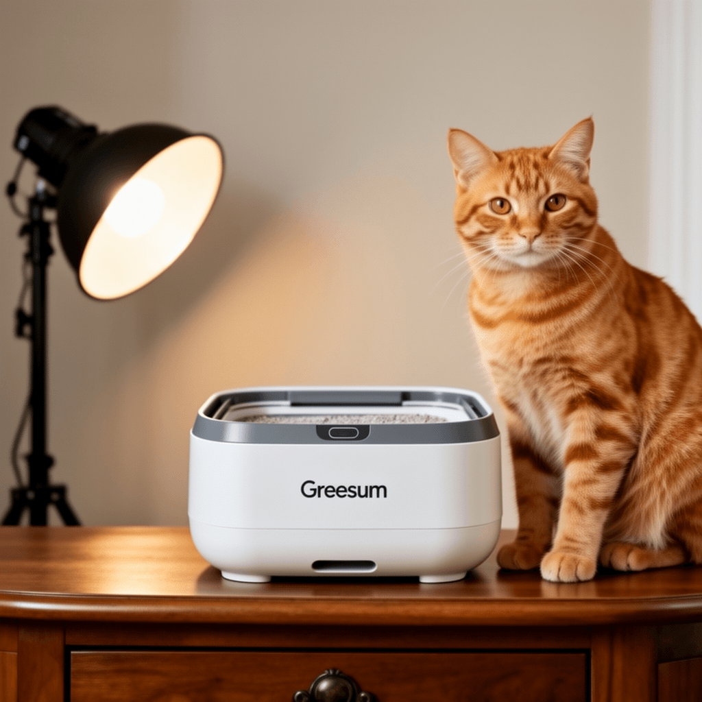 Greesum Self Cleaning Cat Litter Box – Automatic Open-Top with cat - professional product lifestyle photo