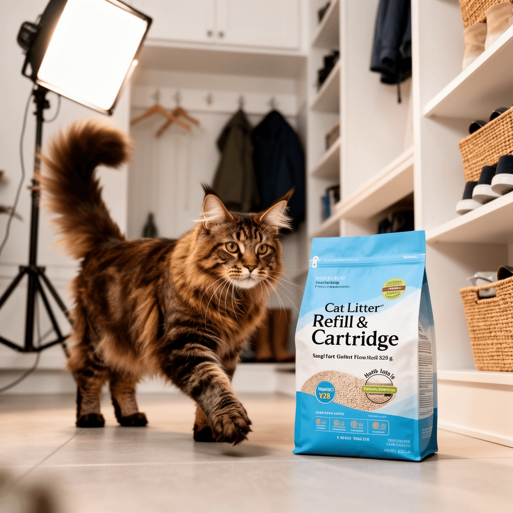 Cat Litter Refill Bags Cartridge with cat - professional product lifestyle photo