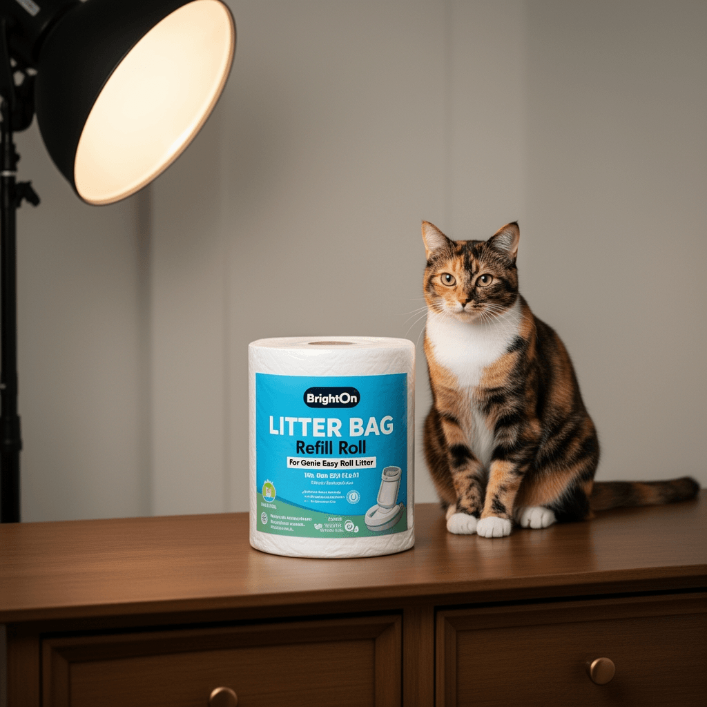 BrightOn Litter Bag Refill Roll for Genie Easy Roll Litter with cat - professional product lifestyle photo