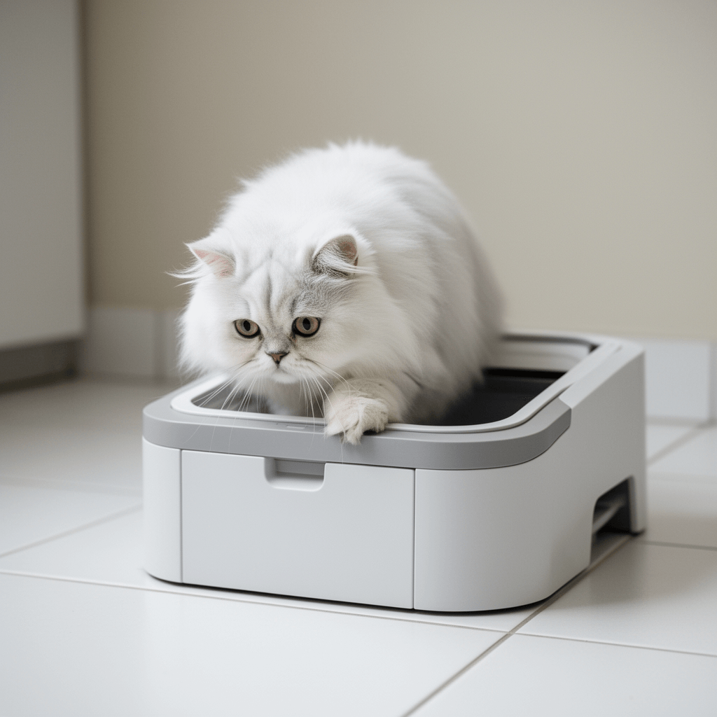 Open-Top Automatic Litter Box Self Cleaning Cat Litter Box with cat - professional product lifestyle photo