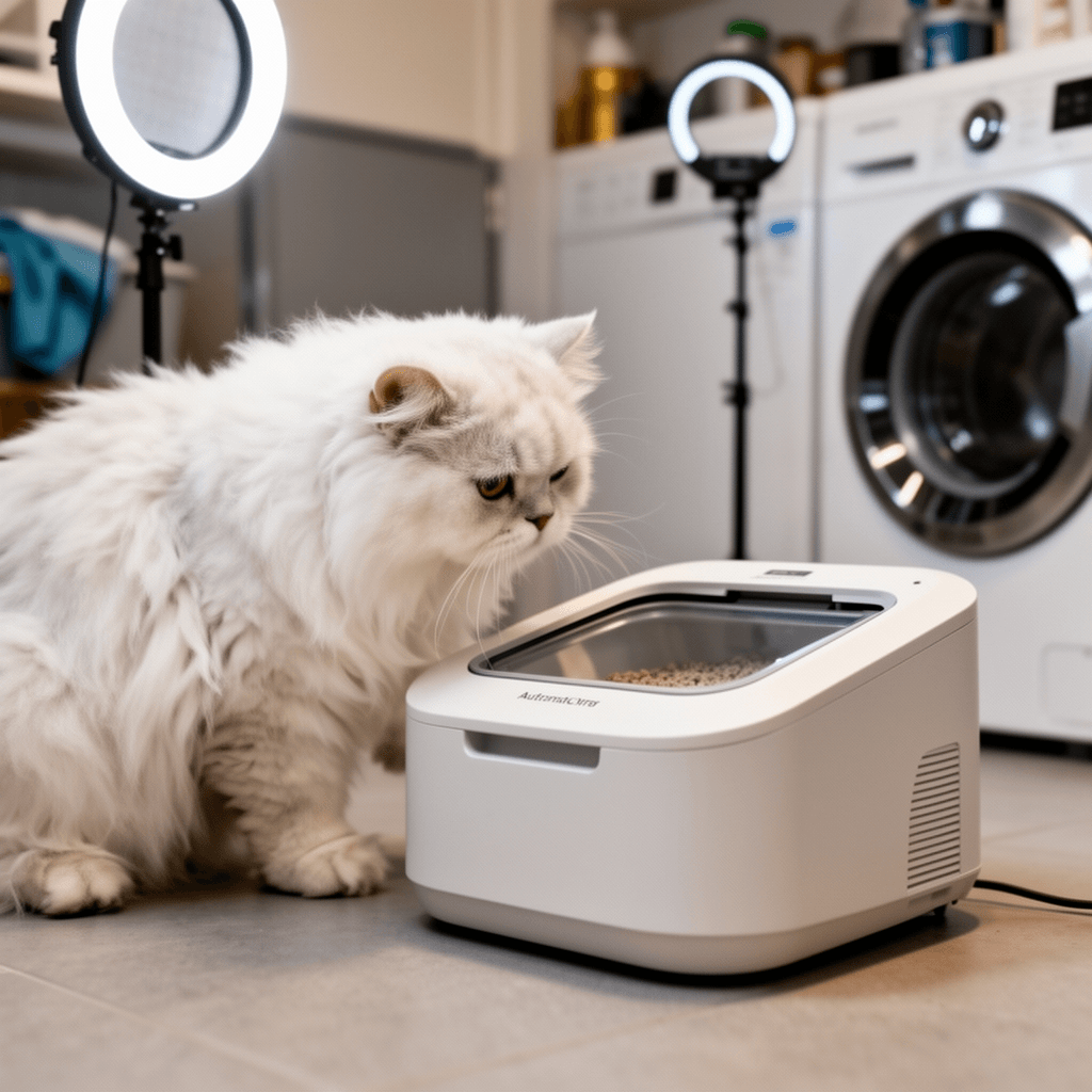 Open Top Automatic Litter Box with cat - professional product lifestyle photo