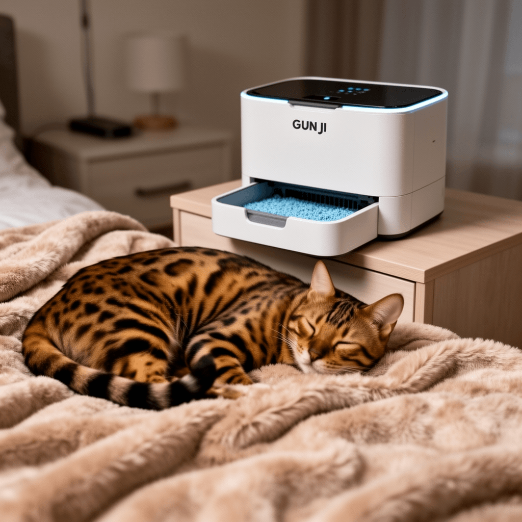 GUNJI Automatic Self-Cleaning Litter Box with cat - professional product lifestyle photo