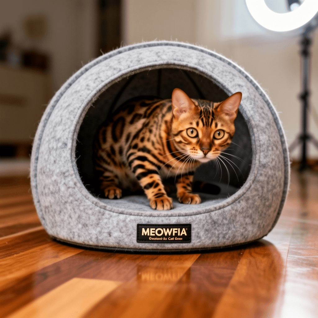 MEOWFIA Cat Cave – Premium Felt Cat Bed for Indoor Cats with cat - professional product lifestyle photo