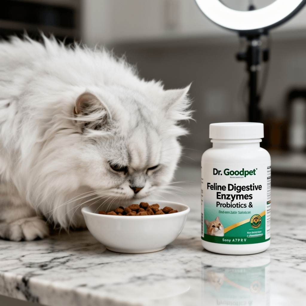 Dr. Goodpet Feline Digestive Enzymes with Probiotics & with cat - professional product lifestyle photo