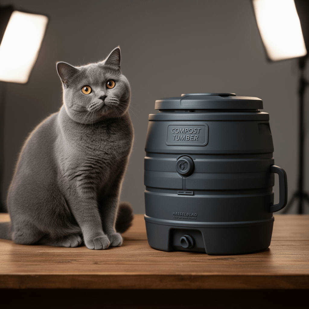 Compost Tumbler with cat - professional product lifestyle photo