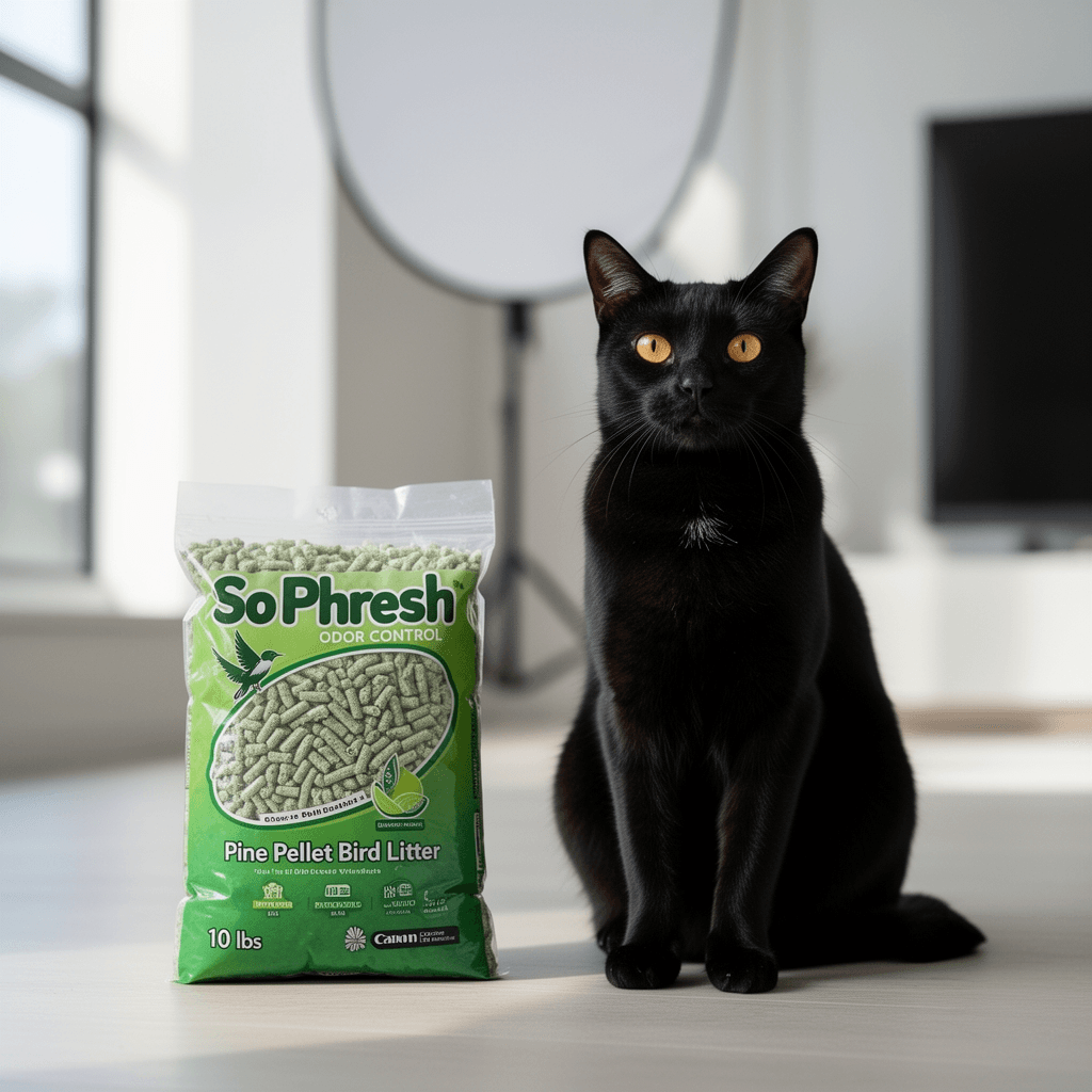 So Phresh Odor Control Pine Pellet Bird Litter 10 lbs with cat - professional product lifestyle photo