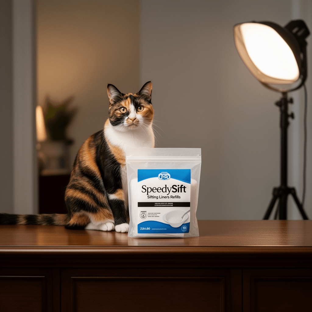 SpeedySift Sifting Liners Refills with cat - professional product lifestyle photo
