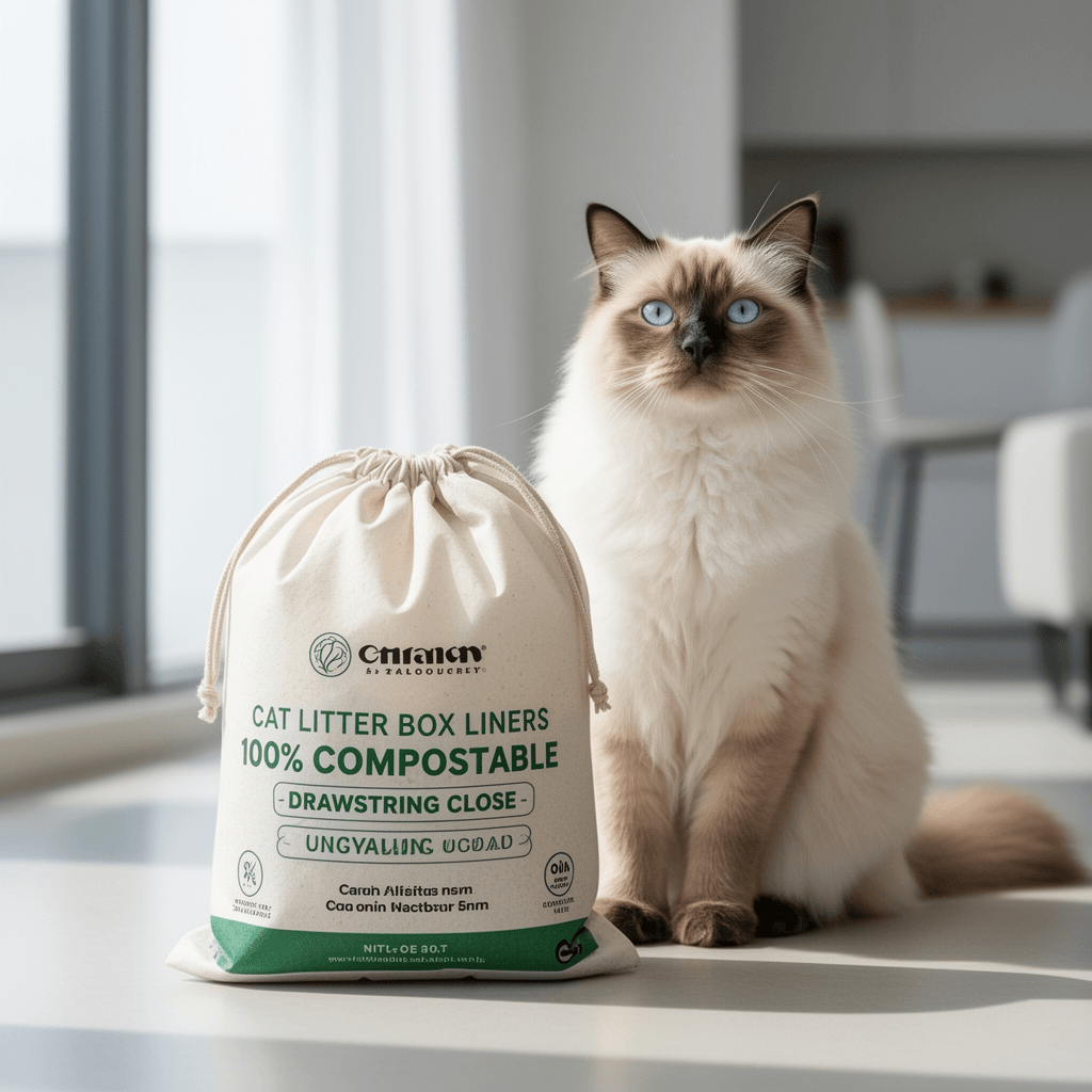 Cat Litter Box Liners - 100% Compostable - Drawstring Close with cat - professional product lifestyle photo