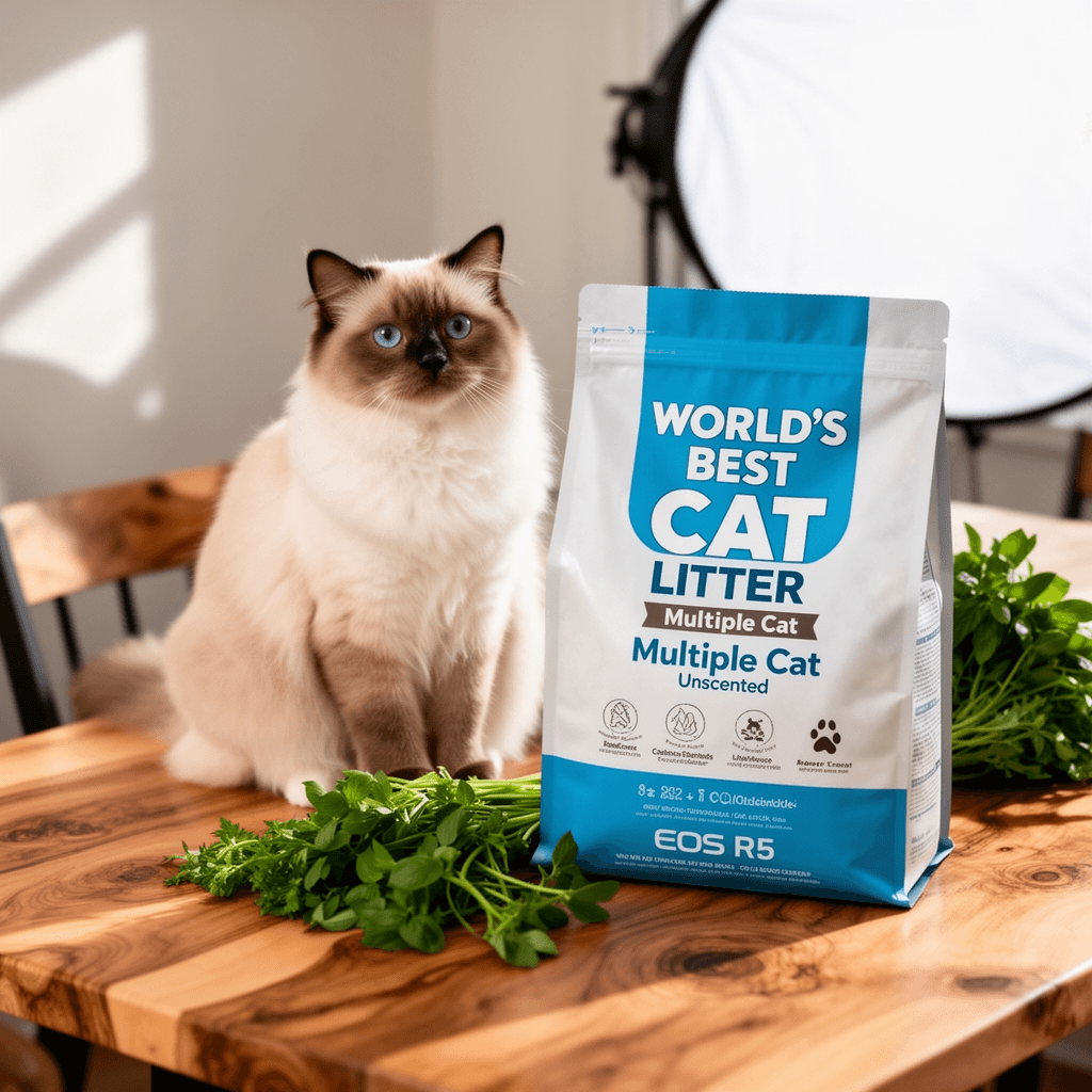 WORLD'S BEST CAT LITTER Multiple Cat Unscented with cat - professional product lifestyle photo