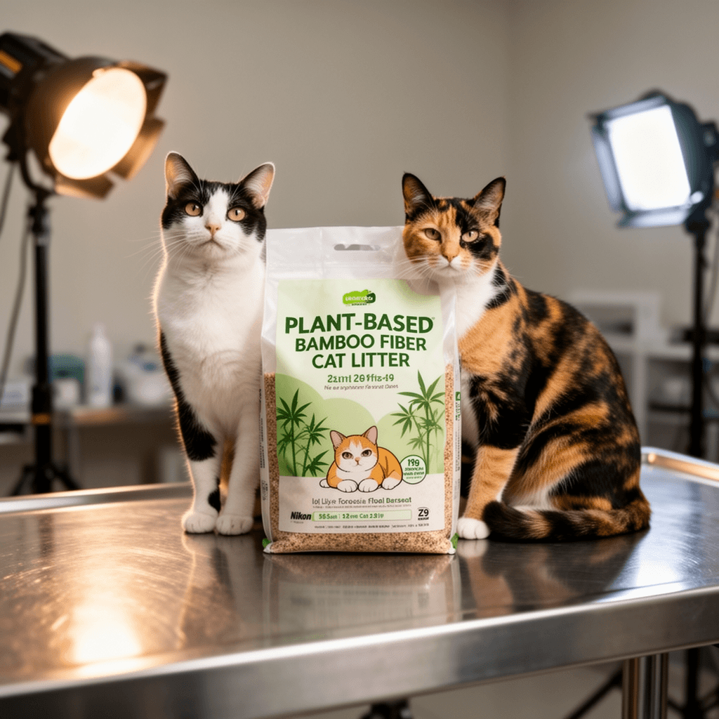 Plant-Based Bamboo Fiber Cat Litter with cat - professional product lifestyle photo