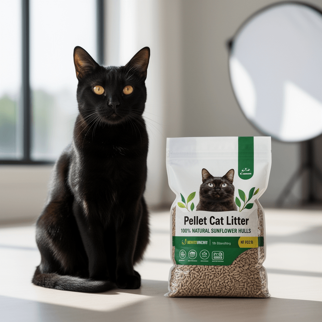 Pellet Cat Litter - 100% Natural Sunflower Hulls with cat - professional product lifestyle photo