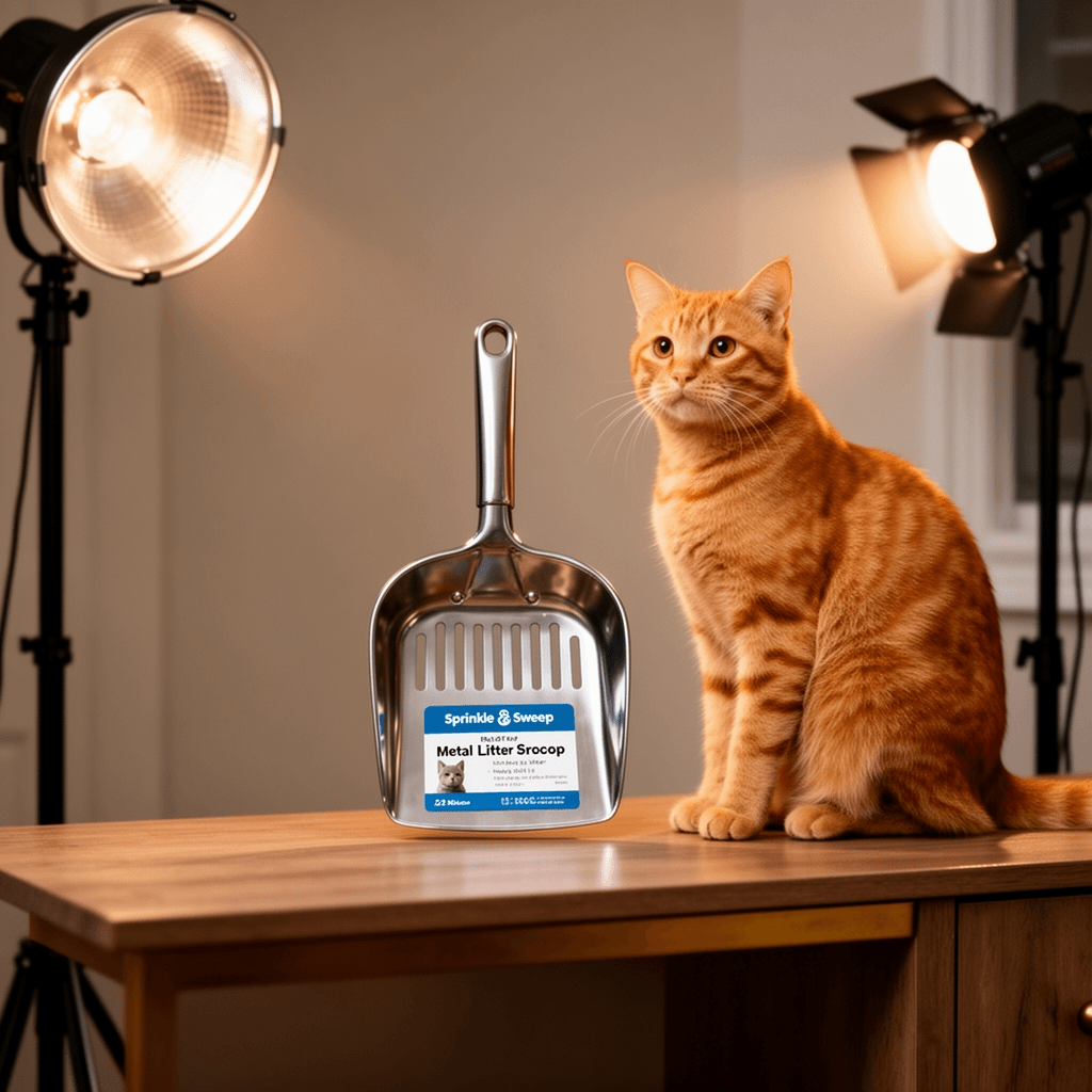 Sprinkle & Sweep Metal Cat Litter Scoop - Heavy Duty Litter with cat - professional product lifestyle photo