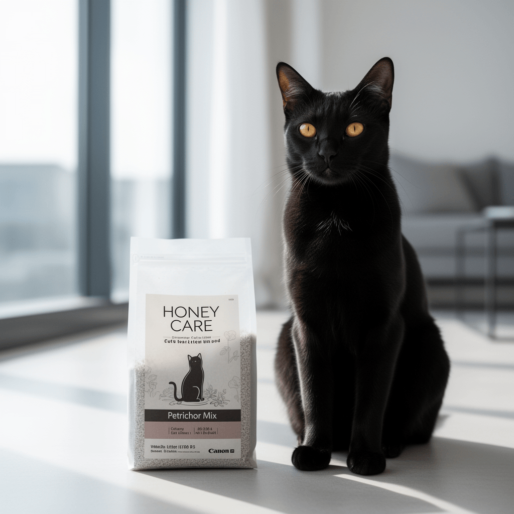HONEY CARE Petrichor Mix Cat Litter I Tofu Cat Litter I with cat - professional product lifestyle photo
