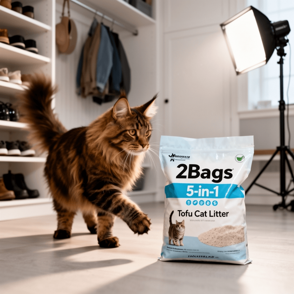 2Bags 5-in-1 Tofu Cat Litter with cat - professional product lifestyle photo